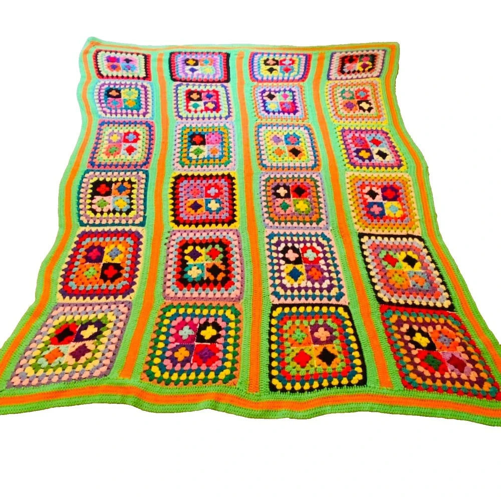 Vintage Hand Knit Afghan Granny‎ Square Colorful Twin Blanket 84